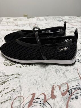DKNY Black Mesh Mary Jane Flats with Gloss Strap